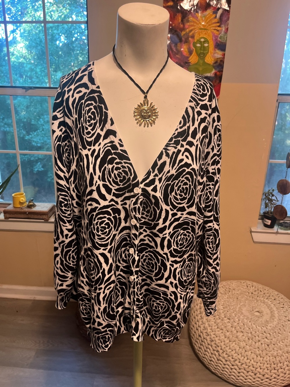 G.H. Bass & Co. Black and White Rose Print Button-Down Top